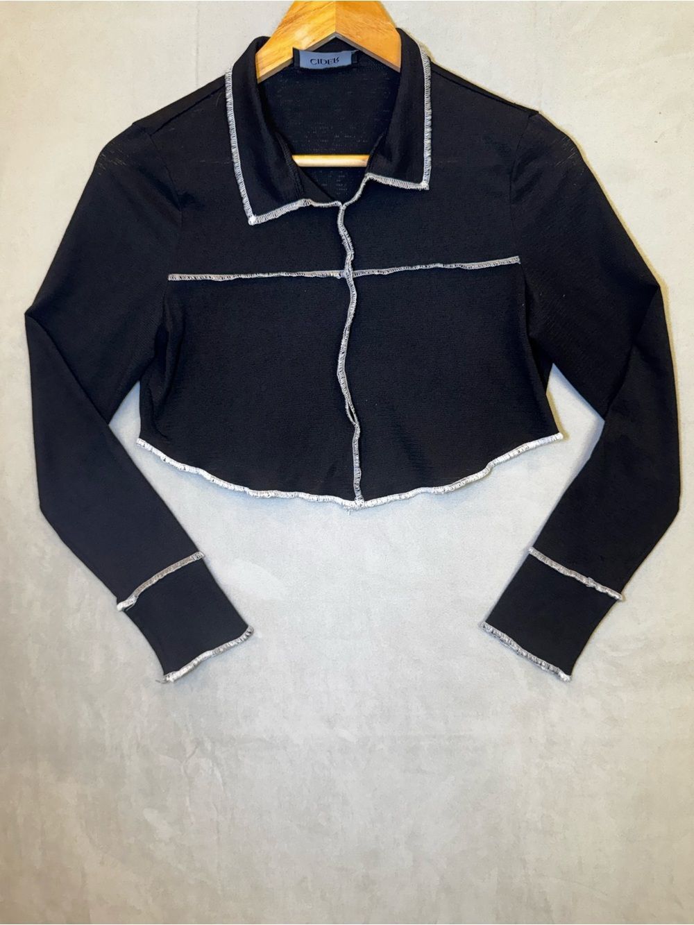 CIDER Black Crop Top L Y2K Grunge Contrast Seam Collared Going Out Top